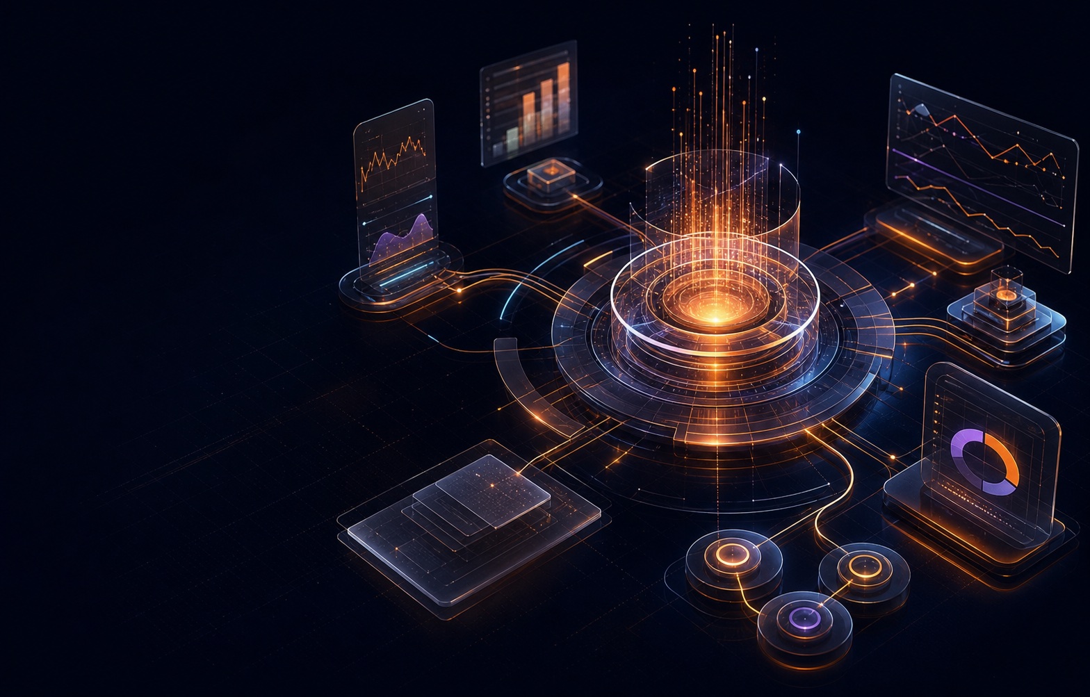 Painéis de dados conectados a um núcleo luminoso de inteligência artificial